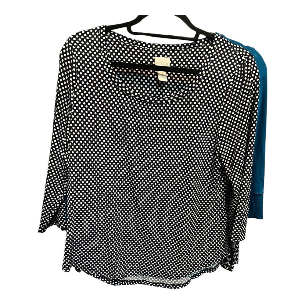 Chico’s Women’s 1 Navy Scoop Neck Cream Polka Dot 3/4 Sleeve Loose Tunic Top